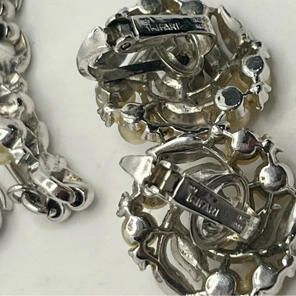 Crown Trifari pat pending faux pearl silver tone rhinestone necklace & earrings